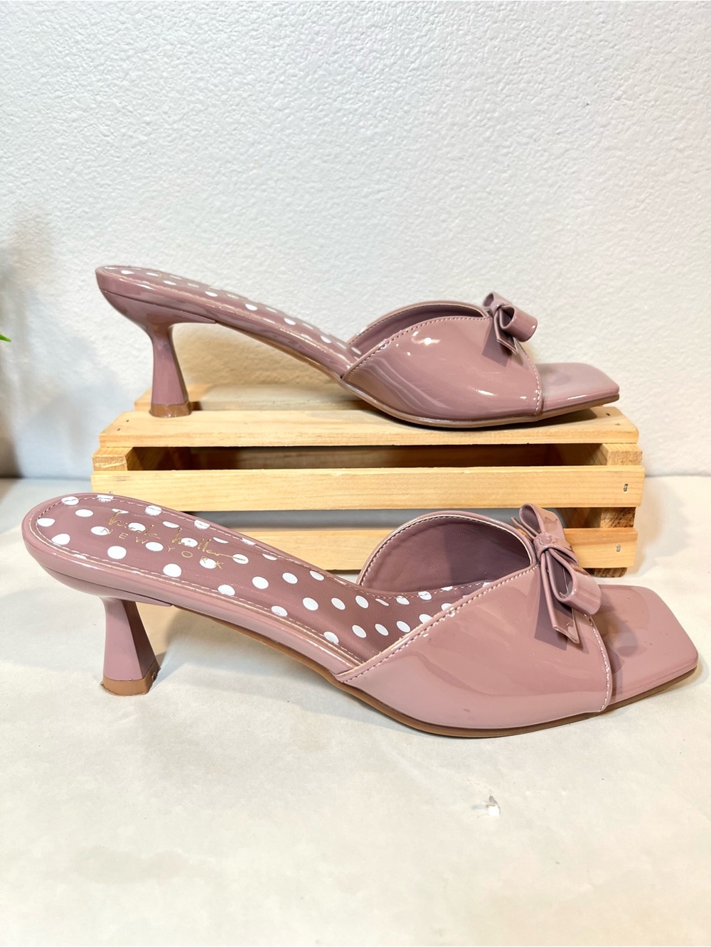 Nicole Miller Women's Dusty Pink  White Polka Patent Open-Toe Kitten Heel Mules